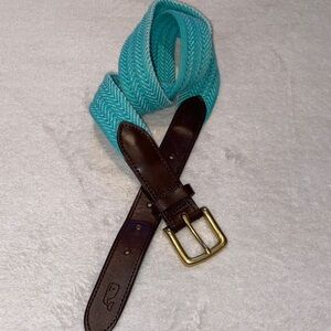 Vineyards Vines mint green woven belt with dark brown leather and brass buckle
